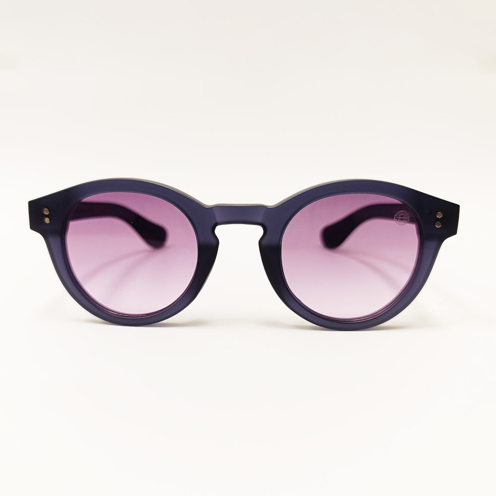 Sunglasses with purple lenses and dark blue frame