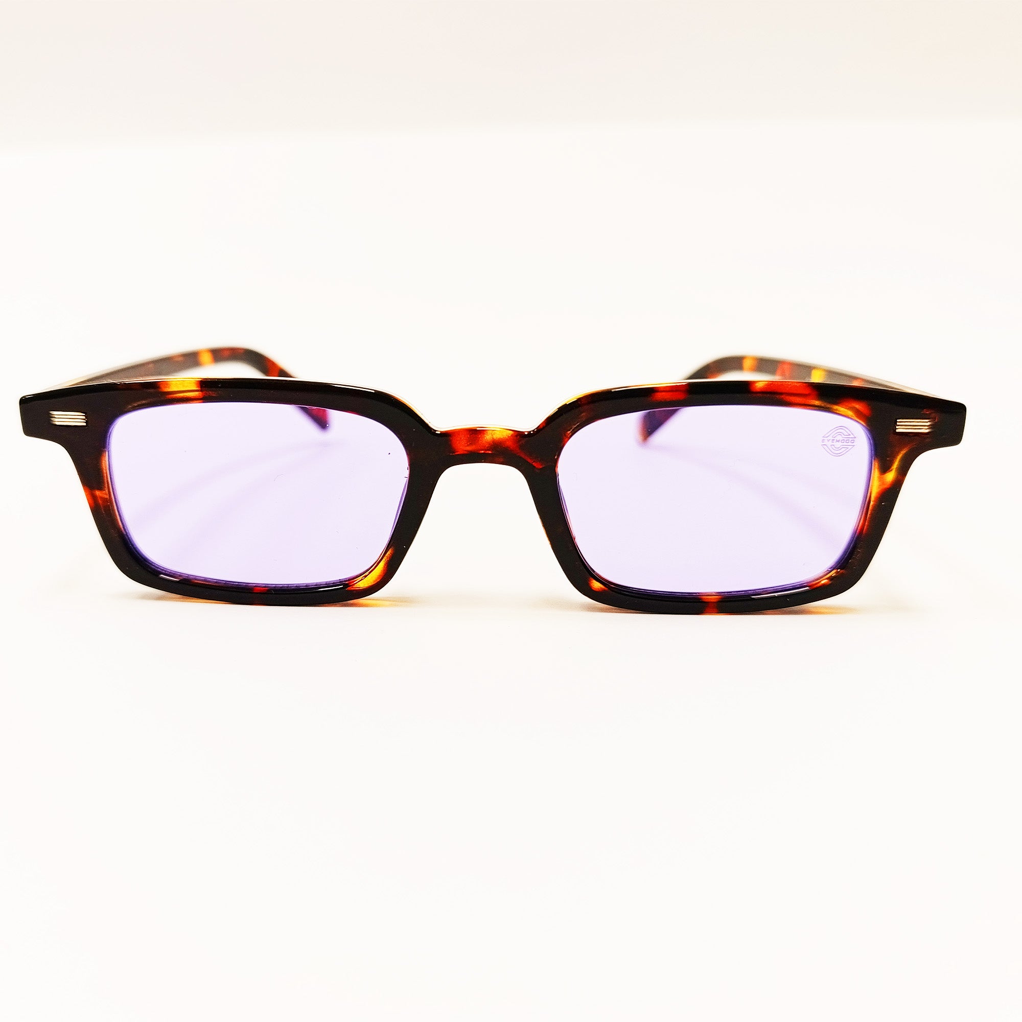 Tortoiseshell glasses with purple lenses