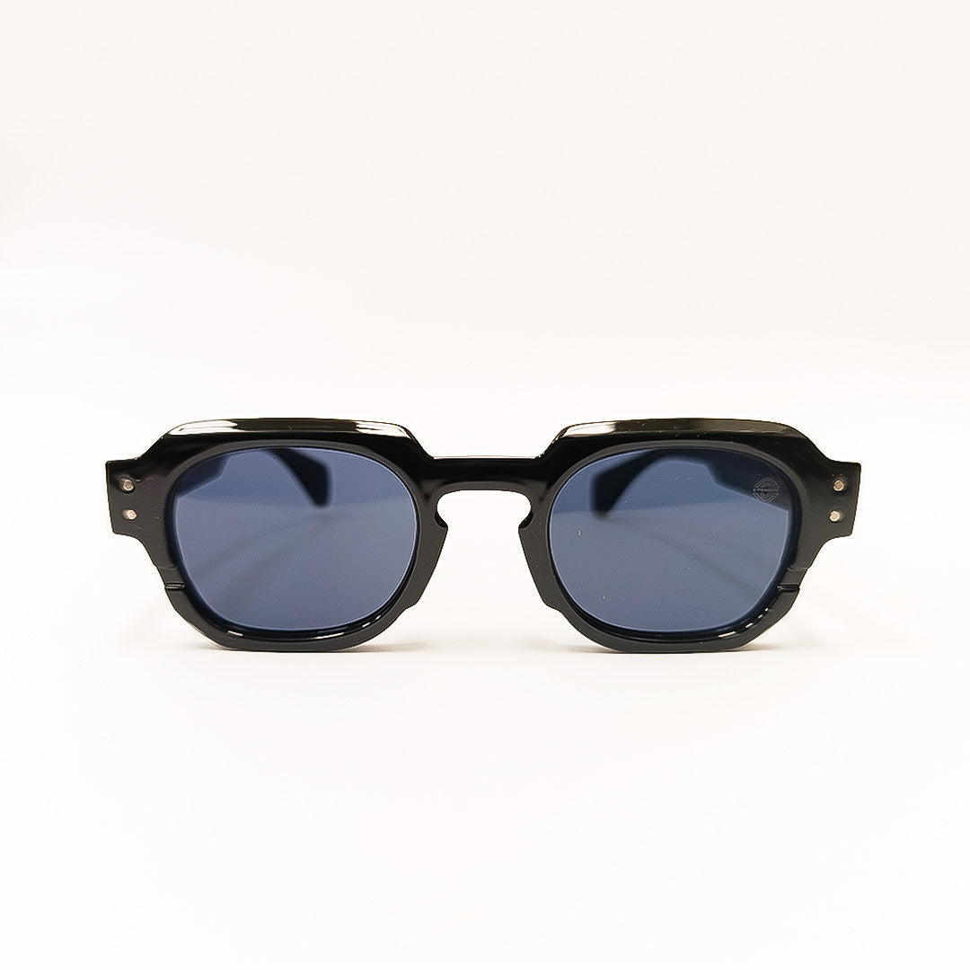 EYEHOOD ACETATE 
Black sunglasses with blue lenses on a white background